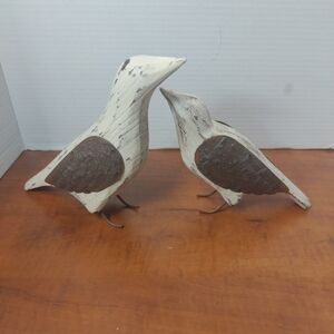 Primitive Distressed Wood Birds W/ Metal Wings Set of 2